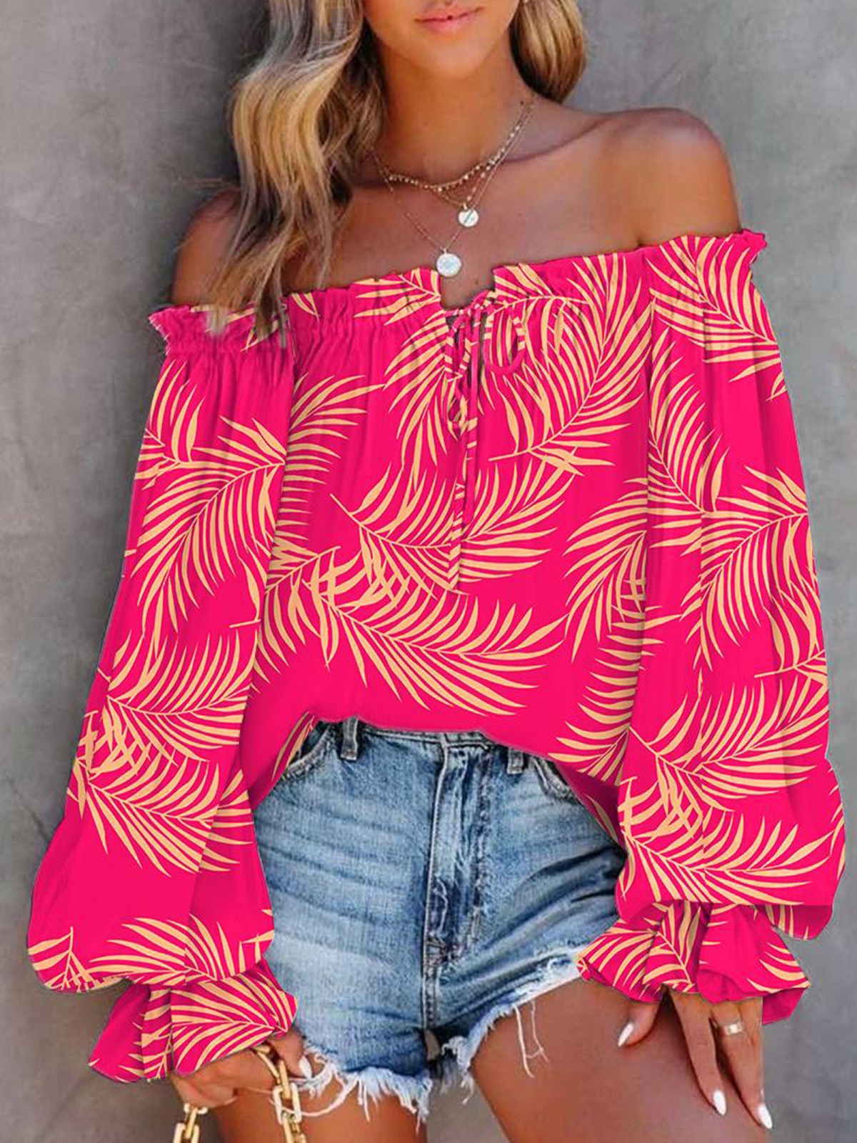 Moxidress Off Shoulder Long Sleeve Printed Pullover Top PM1108 HotPink / S Official JT Merch