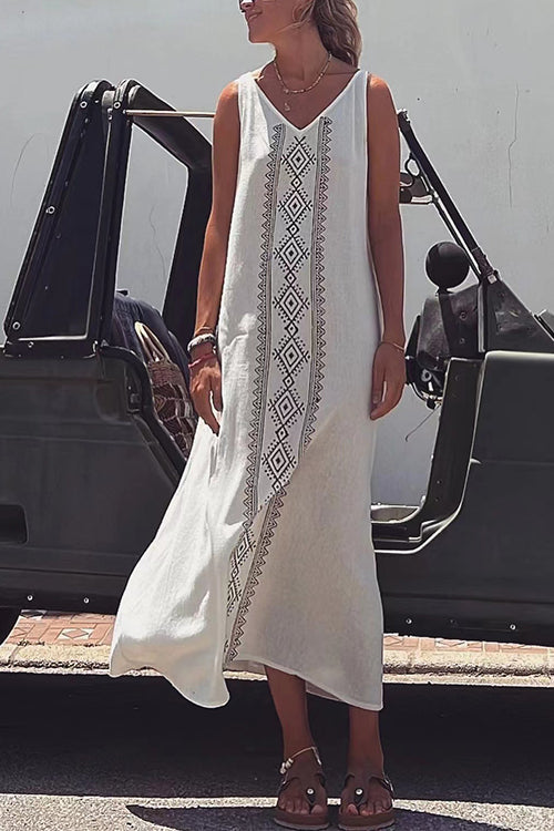 Moxidress V Neck Sleeveless Printed Maxi Loose Dress PM1108 White / S Official JT Merch