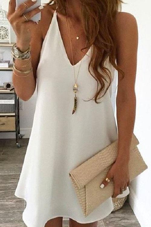 Moxidress Solid V-neck Sleeveless Chiffon Swing Dress PM1108 S / White Official JT Merch