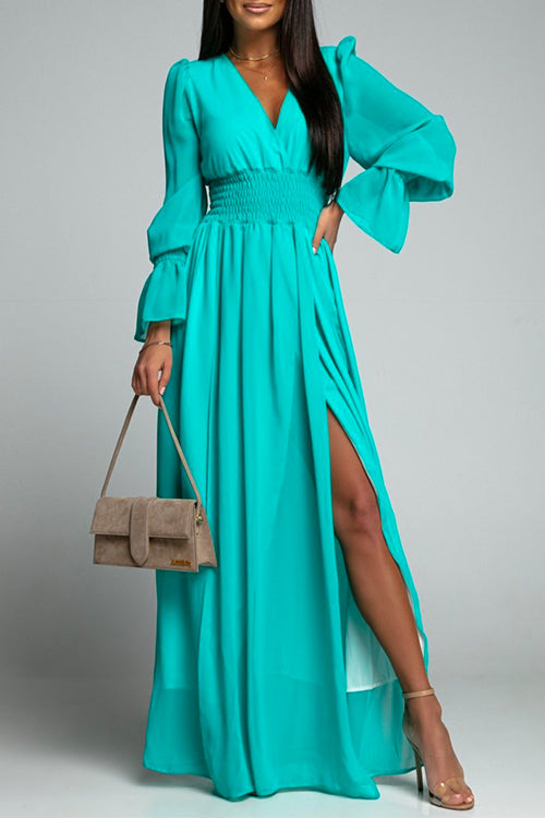 Moxidress V Neck Long Sleeve Smocked Waist Maxi Slit Dress PM1108 LightBlue / S Official JT Merch