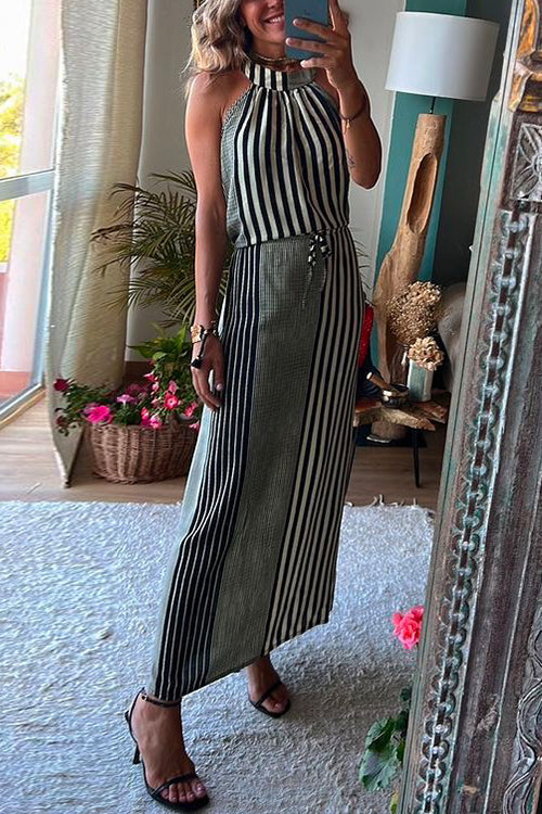 Moxidress Halter Sleeveless Waisted Striped Maxi Dress PM1108 Gray / S Official JT Merch