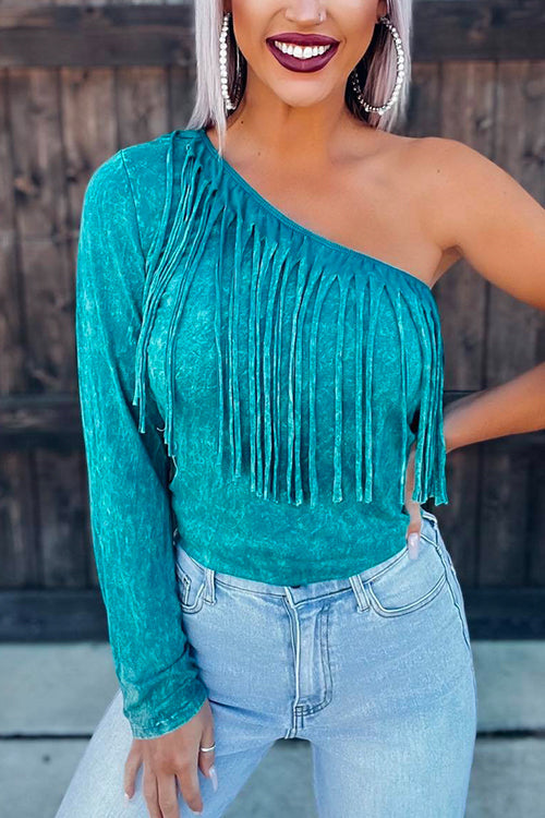 Moxidress One Shoulder Long Sleeve Tassel Top PM1108 Green / S Official JT Merch