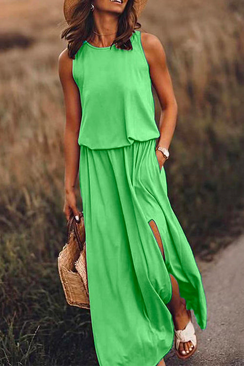 Moxidress Sleeveless Waisted Slit Maxi Tank Dress PM1108 Green / S Official JT Merch