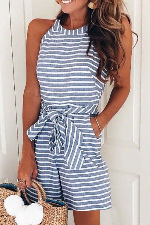 Moxidress Bow-knot Sleeveless Striped Romper PM1108 Blue / S Official JT Merch