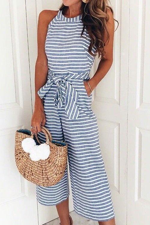 Moxidress Crewneck Sleeveless Striped Bow-Knot Wide Leg Jumpsuit PM1108 Blue / S Official JT Merch