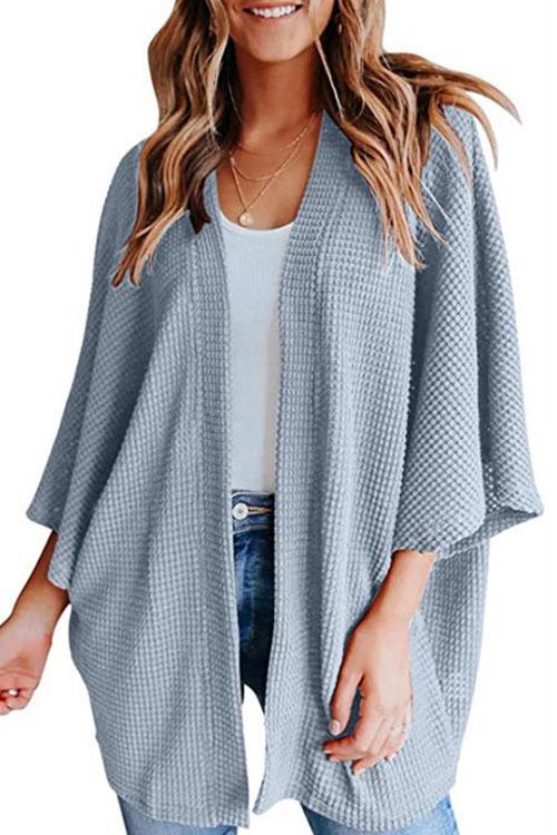 Moxidress Solid 3/4 Sleeve Open Front Kimono Cardigan PM1108 LightBlue / S Official JT Merch