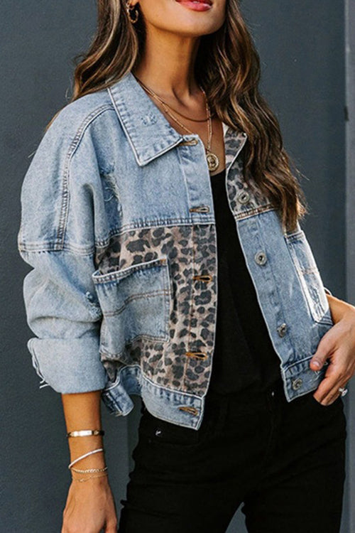 Moxidress Button Up Leopard Splice Ripped Denim Jacket PM1108 Blue / S Official JT Merch