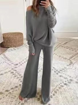 Moxidress Cold Shoulder Pullover and Tie Waist Pants Solid Knit Set PM1108 Gray / S Official JT Merch