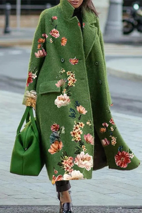 Moxidress Notched Lapel Double Breasted Floral Printed Long Coat PM1108 Green / S Official JT Merch