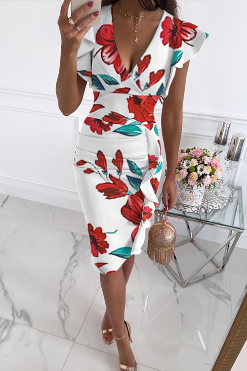 Moxidress Ruffle V Neck Sleeveless High Waist Printed Dress PM1108 White / S Official JT Merch