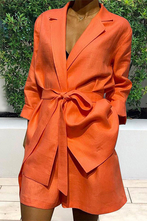 Moxidress V Neck Long Sleeve Wrapped Top and Wide Leg Shorts Solid Set PM1108 Orange / S Official JT Merch