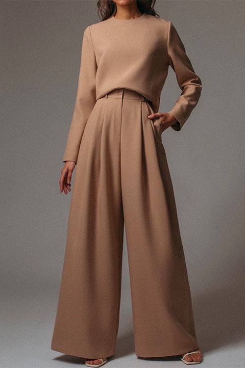 Moxidress Crewneck Long Sleeve Pullover and Wide Leg Pants Solid Set PM1108 Coffee / S Official JT Merch