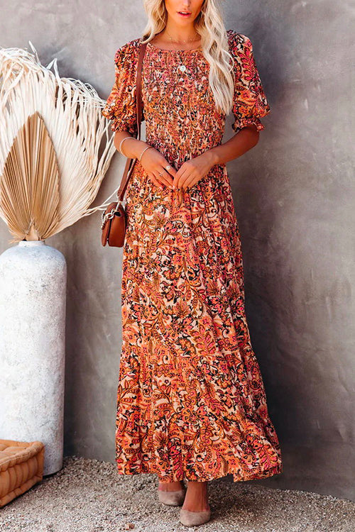 Moxidress Half Sleeve Elastic Frilled Waist Swing Printed Dress PM1108 Orange / S Official JT Merch