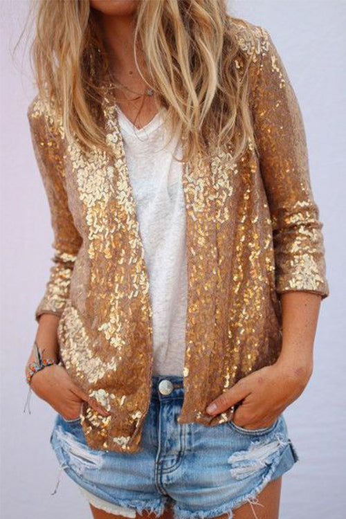 Moxidress Open Front Long Sleeve Sequin Cardigans PM1108 Gold / S Official JT Merch