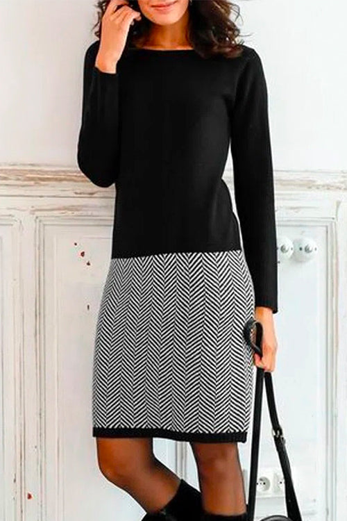 Moxidress Crewneck Long Sleeve Houndstooth Splice Dress PM1108 Black / S Official JT Merch