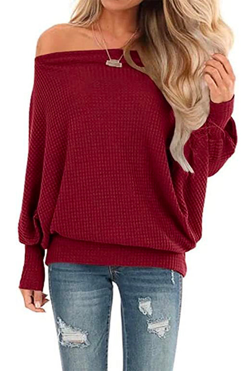 Moxidress Solid Batwing Long Sleeves Waffle Top PM1108 Burgundy / S Official JT Merch