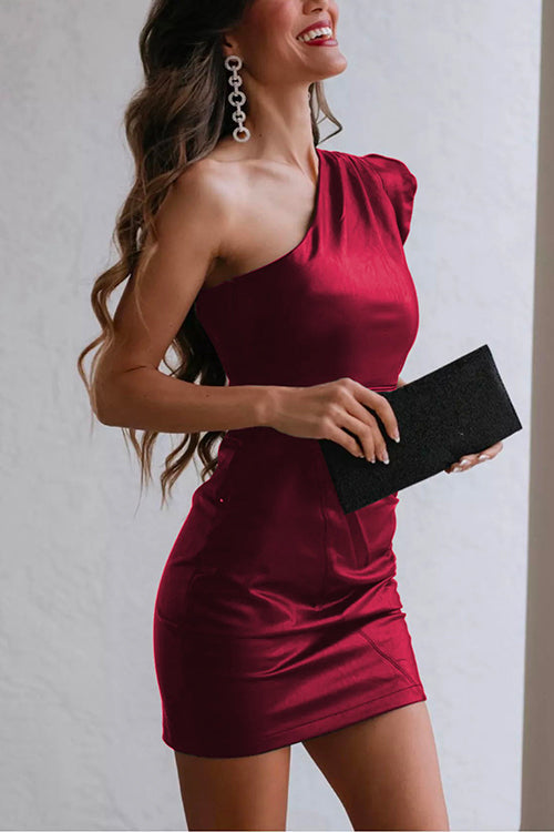 Moxidress One Shoulder Sleeveless Faux Leather Dress PM1108 DarkRed / S Official JT Merch