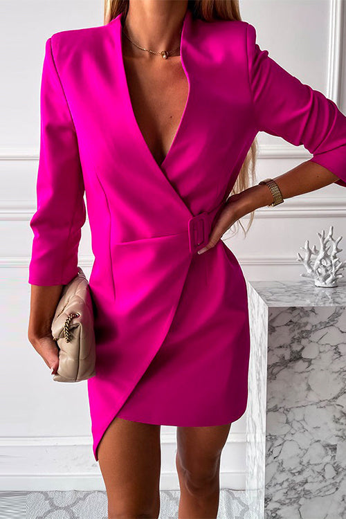 Moxidress Solid Wrap V Neck High Waist Blazer Dress PM1108 HotPink / S Official JT Merch