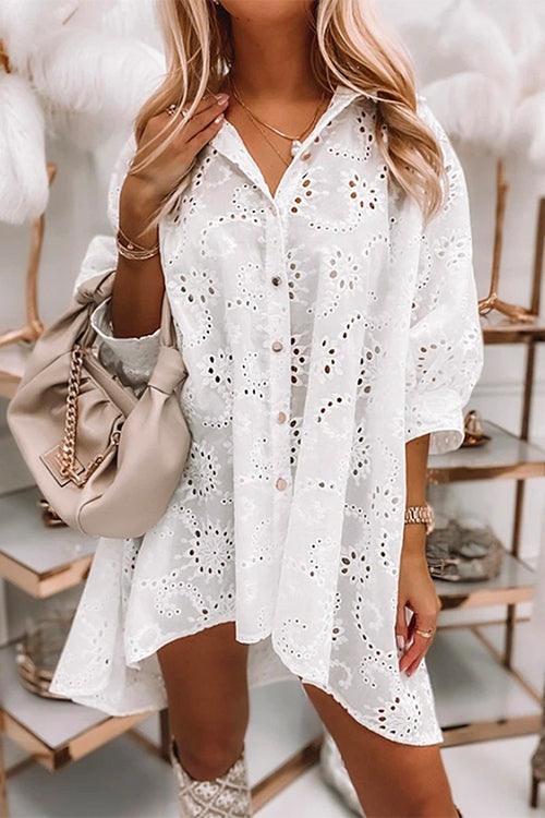 Moxidress Lapel Button Down Hollow Out Shirt Dress PM1108 White / S Official JT Merch