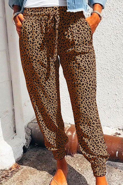 Moxidress Casual Tie Waist Leopard Joggers Pants with Pockets PM1108 Brown / S Official JT Merch