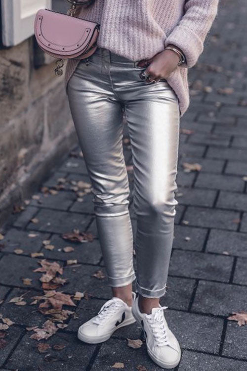 Moxidress Fashion Style Faux Leather Pants with Pockets PM1108 Silver / S Official JT Merch