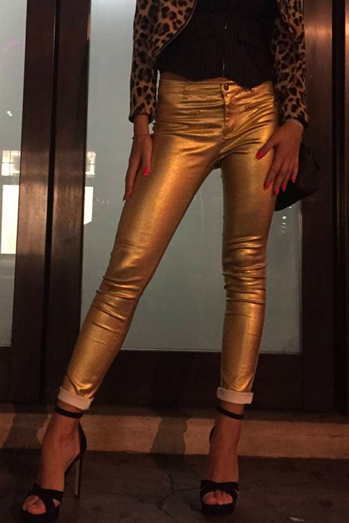 Moxidress One Button Faux Leather Leggings Pants PM1108 Gold / S Official JT Merch