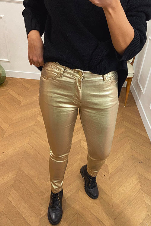 Moxidress One Button Faux Leather Pants with Pockets PM1108 Gold / S Official JT Merch