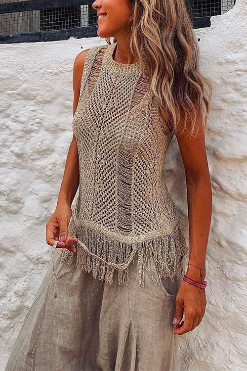 Moxidress Tassel Crewneck Sleeveless Hollow Out Cover Up PM1108 Khaki / S Official JT Merch