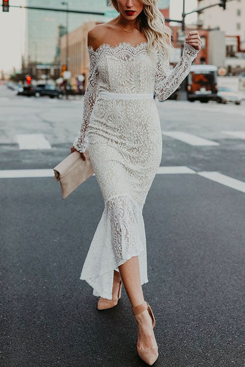 Moxidress Off Shoulder Long Sleeve Floral Lace Bodycon Dress PM1108 White / S Official JT Merch