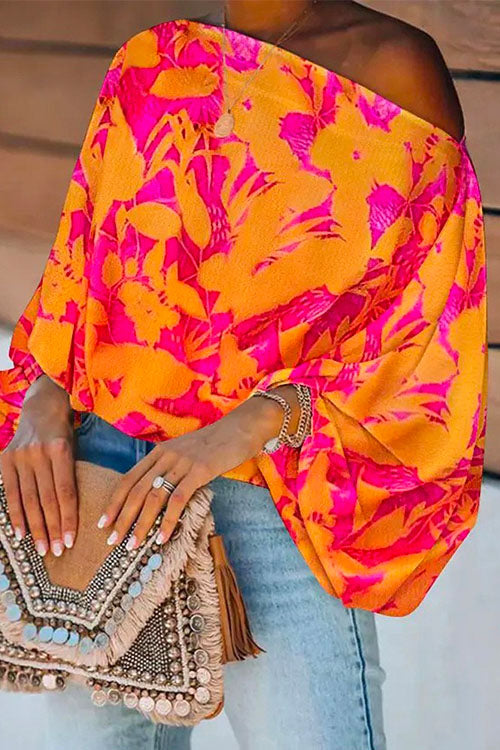 Moxidress Stylish Off Shoulder Flare Sleeve Printed Top PM1108 Orange / S Official JT Merch