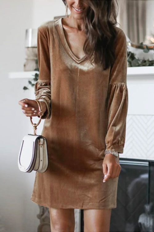 Moxidress Stylish V Neck Long Sleeve Velvet Dress PM1108 Brown / S Official JT Merch