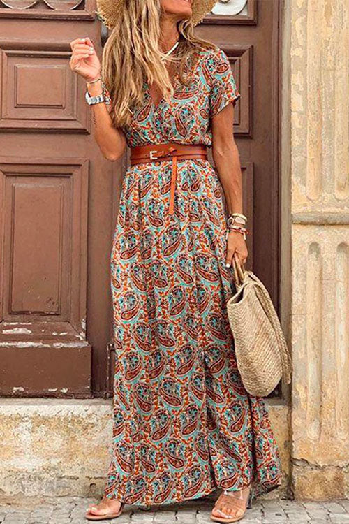 Moxidress Bohemia Wrap V Neck High Split Printed Dress PM1108 S / Brown Official JT Merch