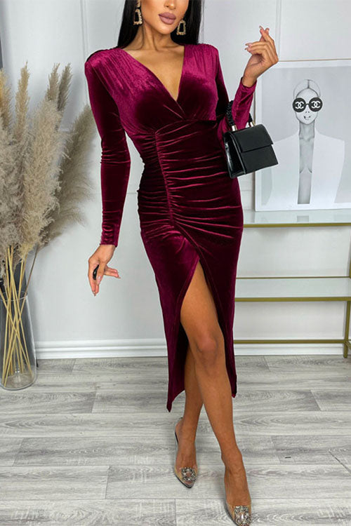 Moxidress V Neck Long Sleeve Ruched Slit Party Dress PM1108 Burgundy / S Official JT Merch