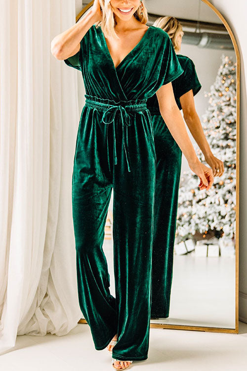 Moxidress Wrap V Neck Short Sleeve Tie Waist Velvet Jumpsuit PM1108 DarkGreen / S Official JT Merch