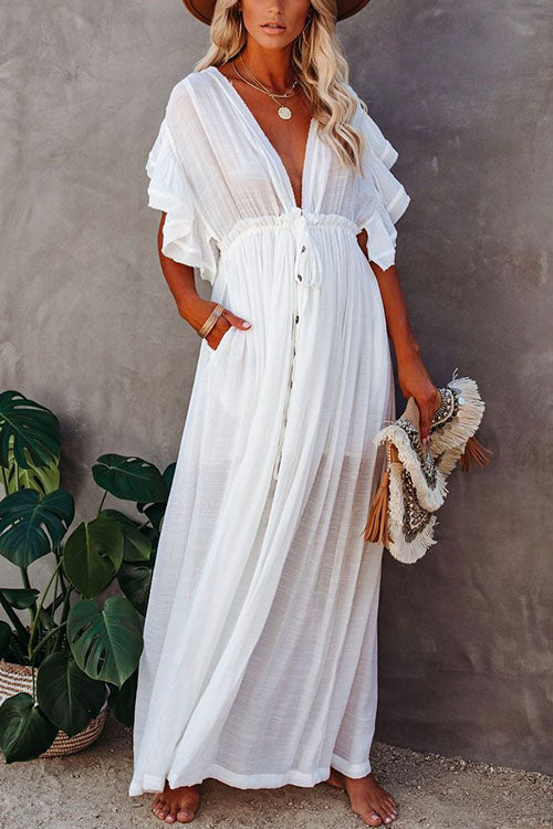 Moxidress V Neck Short Sleeve Tie Waist Swing Beach Dress PM1108 White / OneSize Official JT Merch