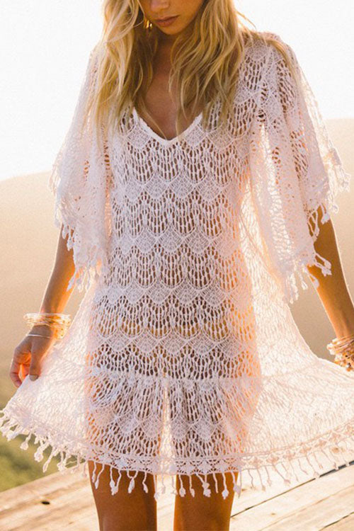 Moxidress Tassel V Neck Hollow Out Lace Beach Dress PM1108 White / OneSize Official JT Merch