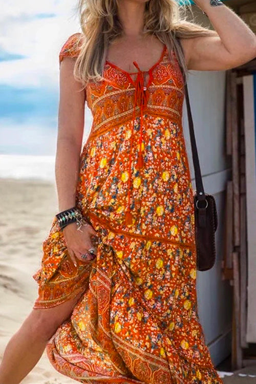 Moxidress Tassel V Neck Bohemia Printed Maxi Beach Dress PM1108 Orange / S Official JT Merch