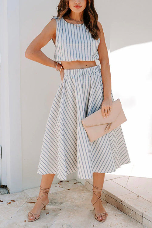 Moxidress Striped Crop Tank Top Elastic Waist Swing Skirt Set PM1108 Striped / S Official JT Merch