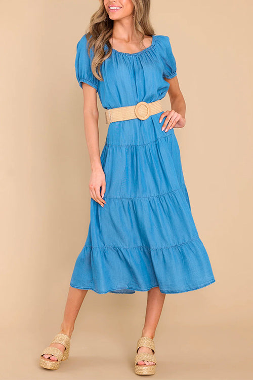 Moxidress Short Sleeve Tie Waist Ruffle Tiered Denim Dress PM1108 Blue / S Official JT Merch