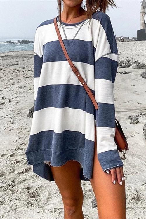 Moxidress Crewneck Side Split High Low Hem Striped Pullovers PM1108 Blue / S Official JT Merch