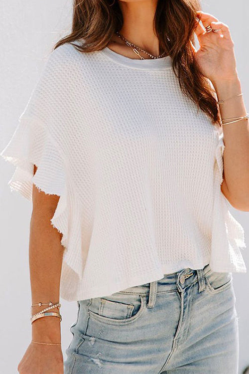 Moxidress Ruffle Half Sleeve Solid Knitting Cropped Pullovers PM1108 White / S Official JT Merch