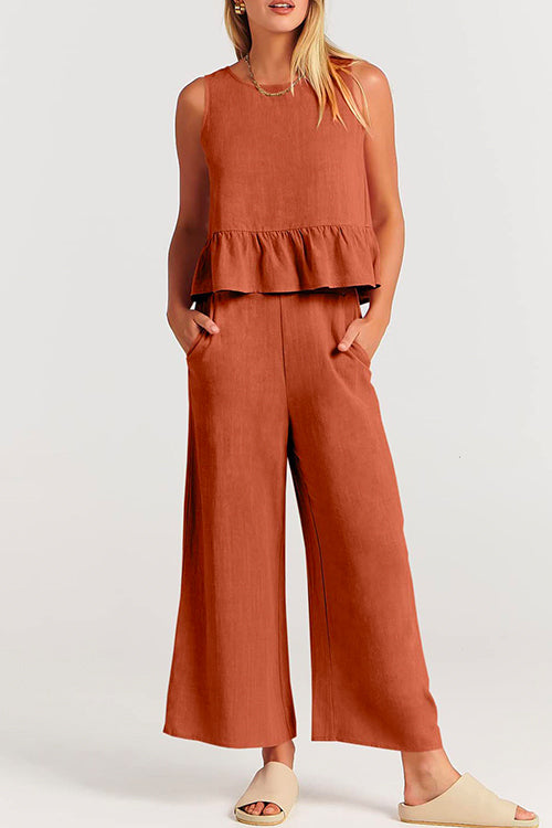 Moxidress Crewneck Ruffle Tank Top Wide Leg Pockets Pants Set PM1108 Orange / S Official JT Merch