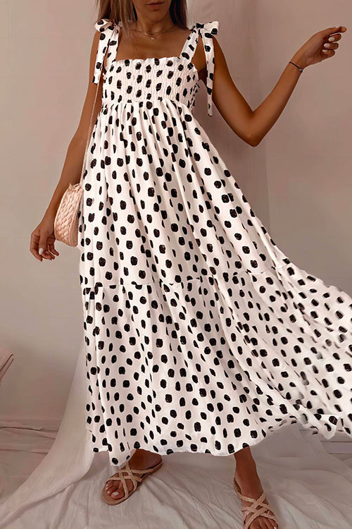 Moxidress Bow Knot Shoulder Polka Dot Maxi Swing Cami Dress PM1108 White / S Official JT Merch