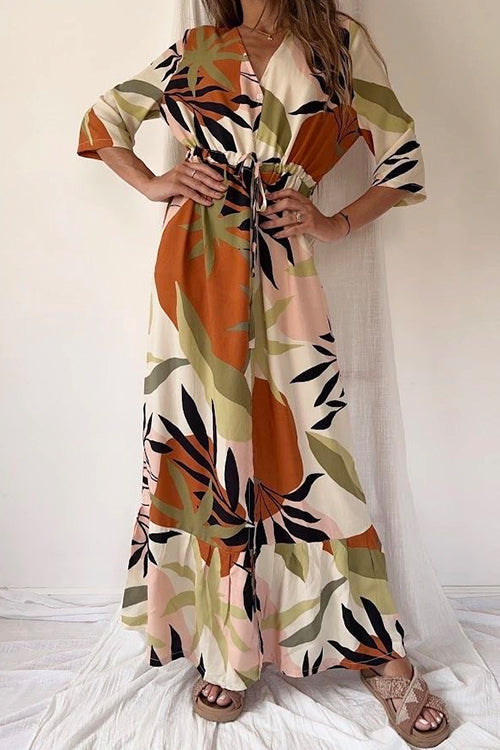 Moxidress V Neck Tie Waist Slit Bohemia Printed Maxi Dress PM1108 Leaf / S Official JT Merch