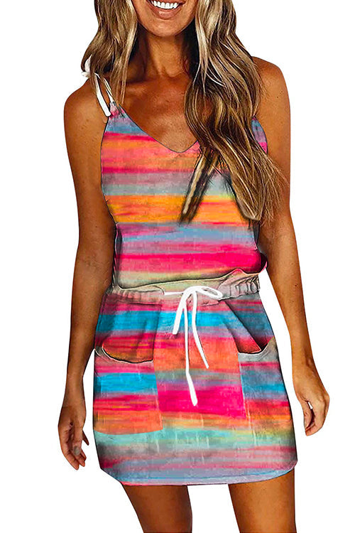 Moxidress V Neck Tie Shoulder Drawstring Waist Printed Cami Dress PM1108 Rainbow / S Official JT Merch