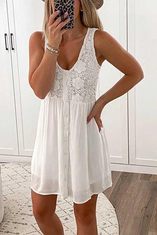 Moxidress Lace Floral Buttons Swing Tank Dress PM1108 White / S Official JT Merch