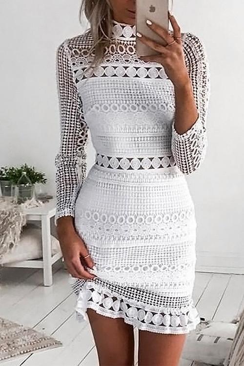 Moxidress Mockneck Back Zipper Lace Splice Hollow Out Dress PM1108 White / S Official JT Merch