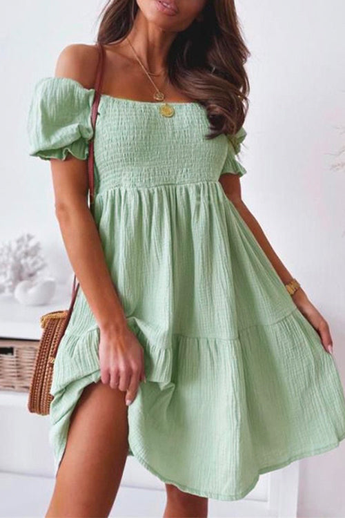 Moxidress Off Shoulder Short Sleeve Smocked Ruffle Swing Dress PM1108 Green / S Official JT Merch