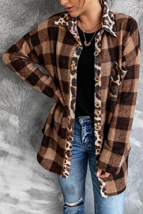 Moxidress Long Sleeve Leopard Splice Plaid Shirt Coat PM1108 Brown / S Official JT Merch