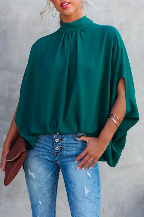 Moxidress Solid Stand Collar Slit Sleeve Blouse Shirt PM1108 Green / S Official JT Merch